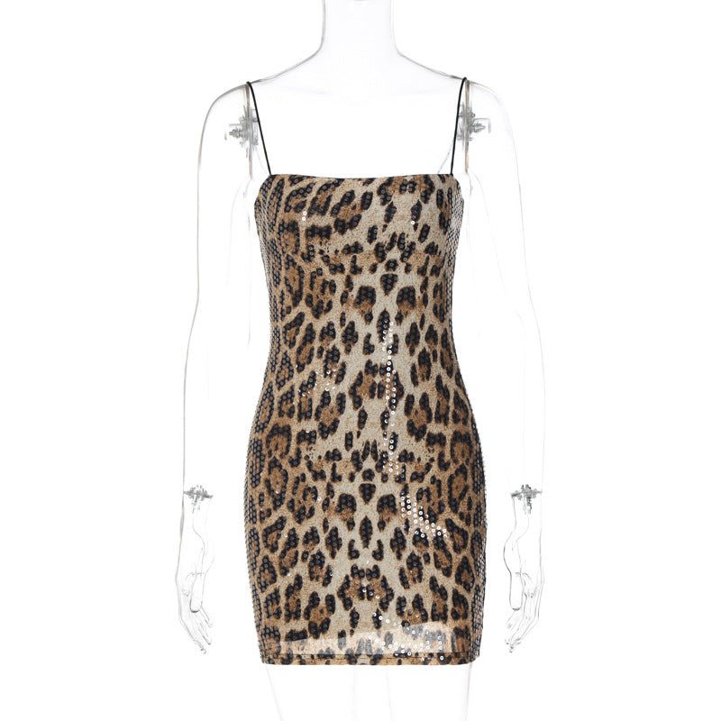 Vestido sexy con estampado de leopardo para mujer, vestido de fiesta callejero con tirantes y lentejuelas que combina con todo.
