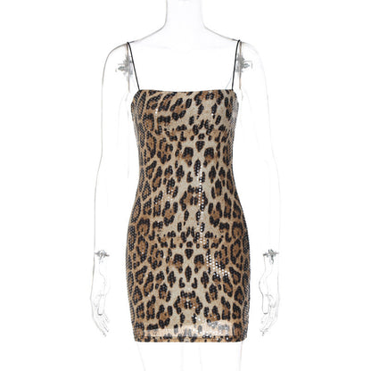 Vestido sexy con estampado de leopardo para mujer, vestido de fiesta callejero con tirantes y lentejuelas que combina con todo.