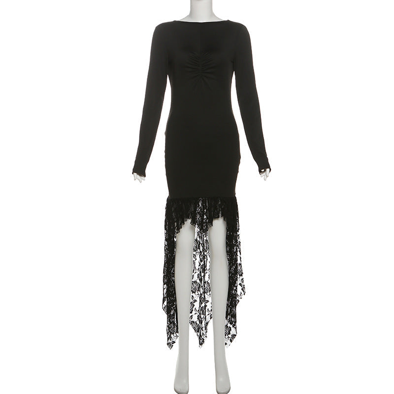 Ropa de invierno para mujer, moderna, de manga larga, irregular, asimétrica, con costuras de encaje, sexy, sin espalda