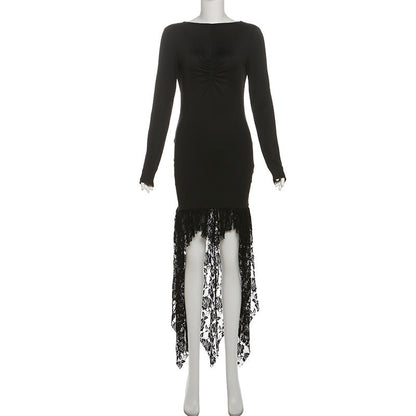 Ropa de invierno para mujer, moderna, de manga larga, irregular, asimétrica, con costuras de encaje, sexy, sin espalda