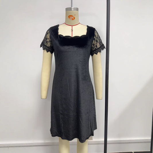 Winter Women Clothing Lace Short Sleeve Slim Fit Solid Color Slimming Dress