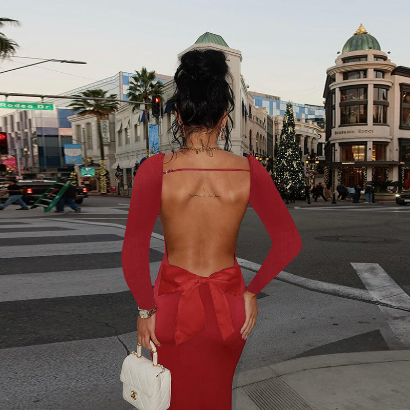 Vestido ajustado con lazo y espalda descubierta de manga larga sexy para vacaciones de otoño para mujer