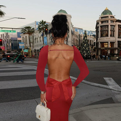 Vestido ajustado con lazo y espalda descubierta de manga larga sexy para vacaciones de otoño para mujer