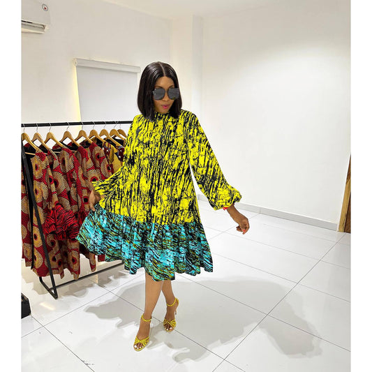 Printed Lace up Lantern Sleeve Loose Large Round Neck Dress