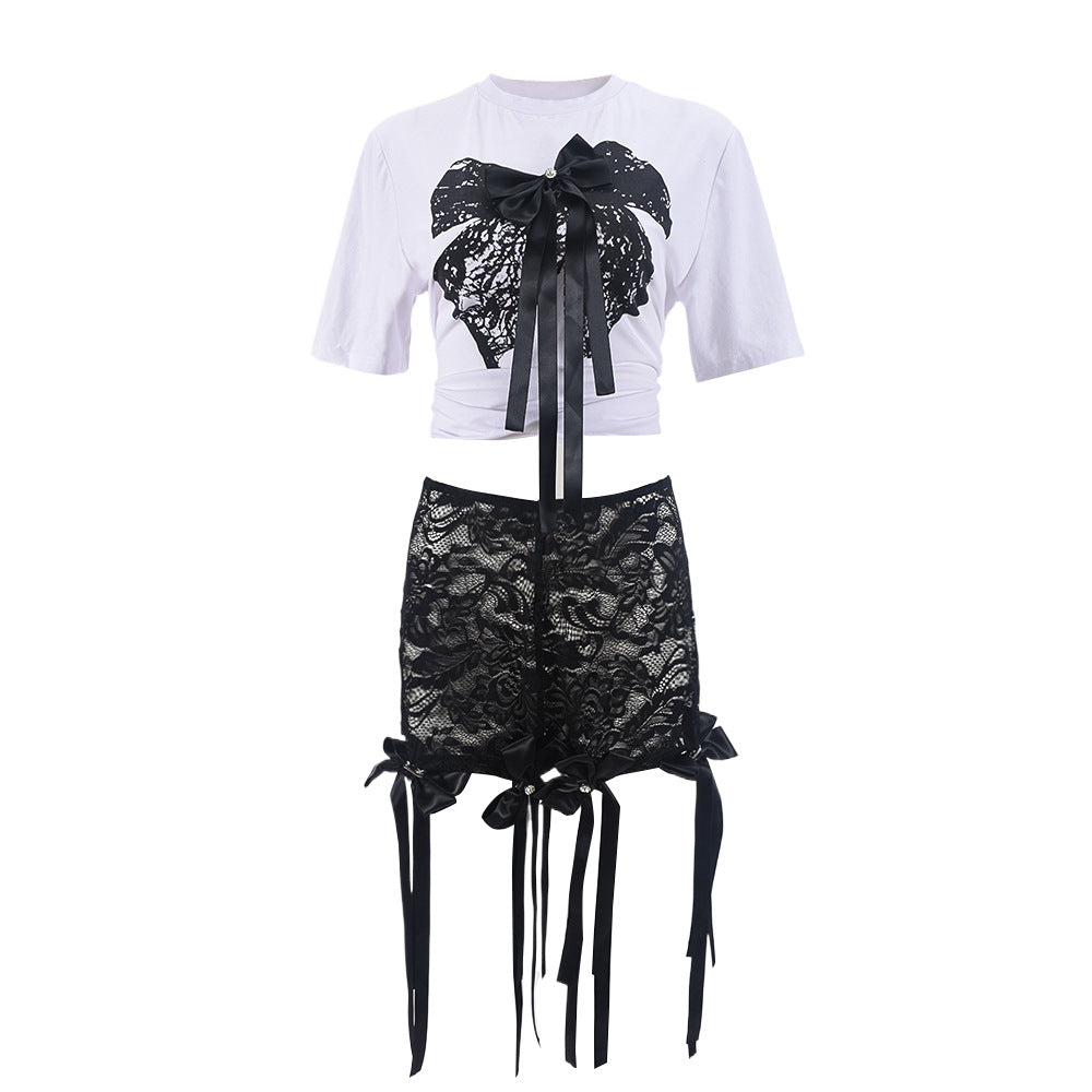 Conjunto de top holgado con estampado de mariposas en 3D sexy y pantalones cortos de encaje a la moda para mujer