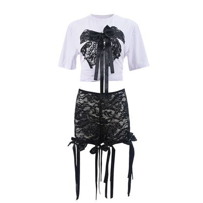 Conjunto de top holgado con estampado de mariposas en 3D sexy y pantalones cortos de encaje a la moda para mujer