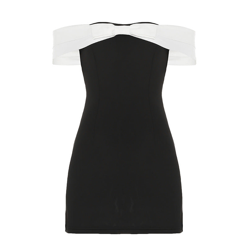 Vestido corto con escote abierto, hombros descubiertos, lazo en color contrastante, capa de aire, cintura tridimensional controlada, top de tubo para mujer