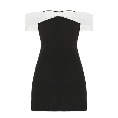 Vestido corto con escote abierto, hombros descubiertos, lazo en color contrastante, capa de aire, cintura tridimensional controlada, top de tubo para mujer