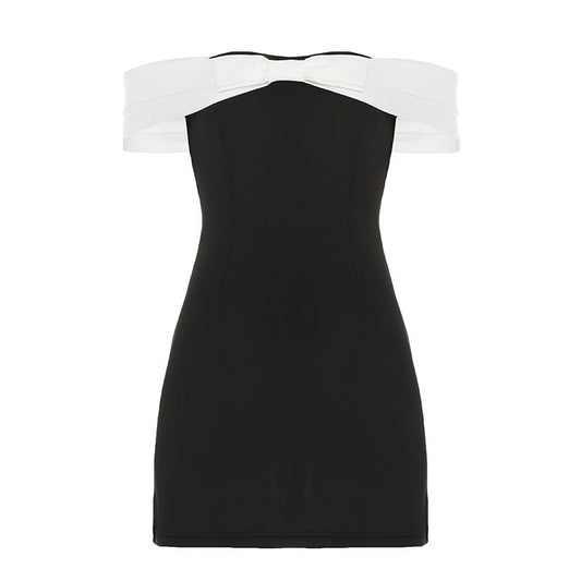 Off Neck off the Shoulder Bow Contrasting Color Dress Air Layer Three Dimensional Waist Controlled Tube Top Short Dress Women