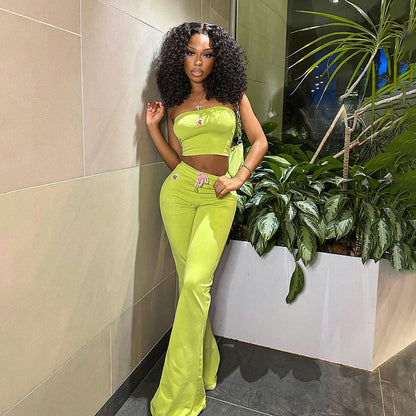 Suit Embroidery Tube Top High Waist Casual Trousers Two Piece Set