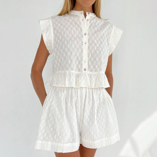 ¡¾MOQ-5 packs¡¿ Summer Jacquard Short Sleeve Sense of Design Shirt Casual Office Shorts Set for Women