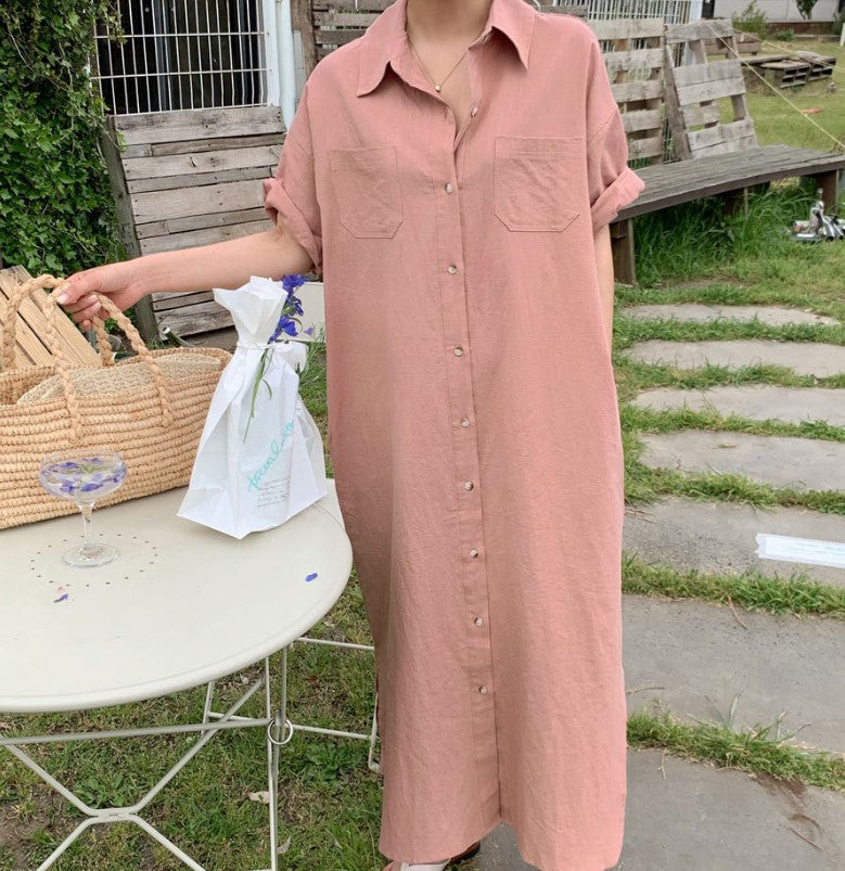 Vestido coreano de verano de manga corta con estampado largo, holgado y holgado, camisero por encima de la rodilla para mujer