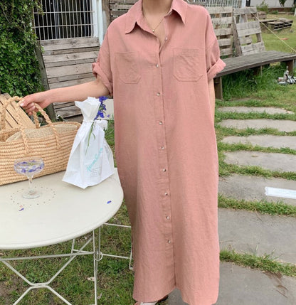 Vestido coreano de verano de manga corta con estampado largo, holgado y holgado, camisero por encima de la rodilla para mujer