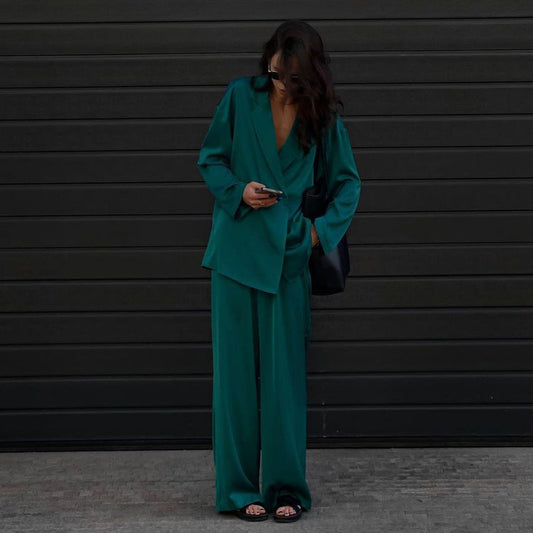 Traje informal de satén verde de dos piezas para mujer, ropa occidental de alta gama
