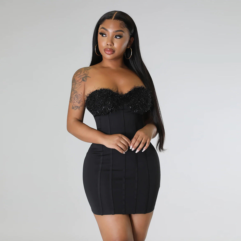 Vestido de dos piezas para mujer, con top de tubo sexy, cintura ceñida, chaleco pequeño, para Navidad, otoño e invierno