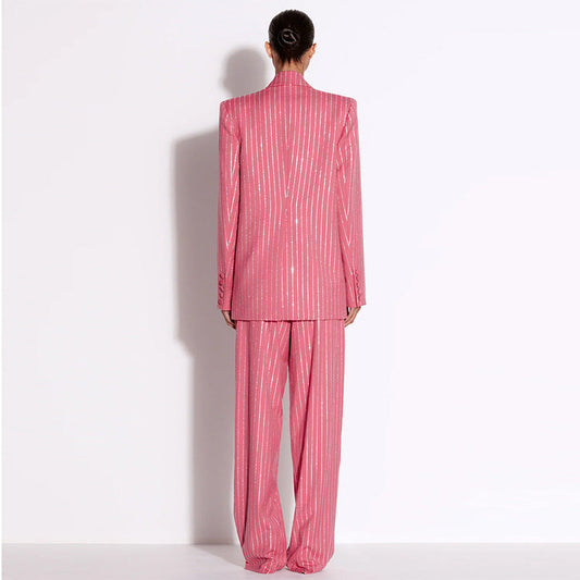 Traje de dos piezas con blazer y pantalón holgado de diamantes de imitación de estrella de la alta sociedad