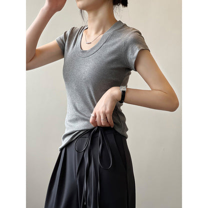 Camiseta de color liso para mujer, camiseta de verano sencilla con cuello en U, camiseta elástica adelgazante para mujer
