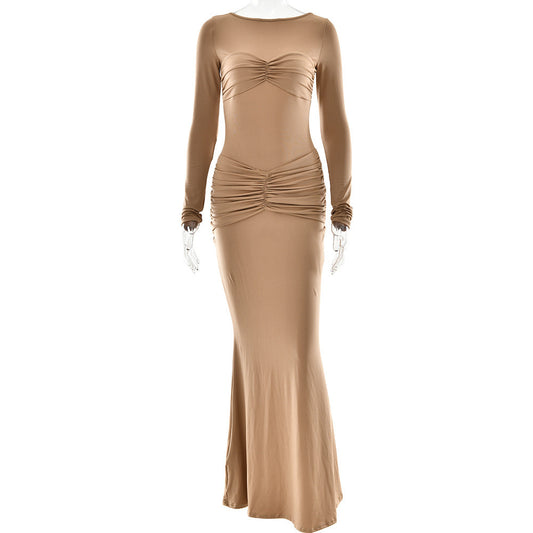 Pleated Sheath Dress Sexy Solid Color round Neck Long Sleeve Slim Fit Dress