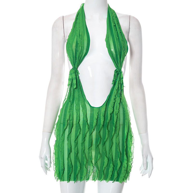 Vestido corto bandeau con cordones y estampado de ondas de verano para mujer