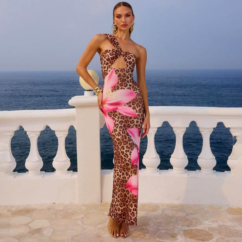 Vestido largo sexy de estilo socialité con estampado de leopardo de otoño y aberturas para mujer