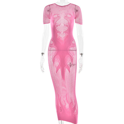 Sexy Cutout See through Tight Dress Sexy Flame Details Fishnet round Neck Dress