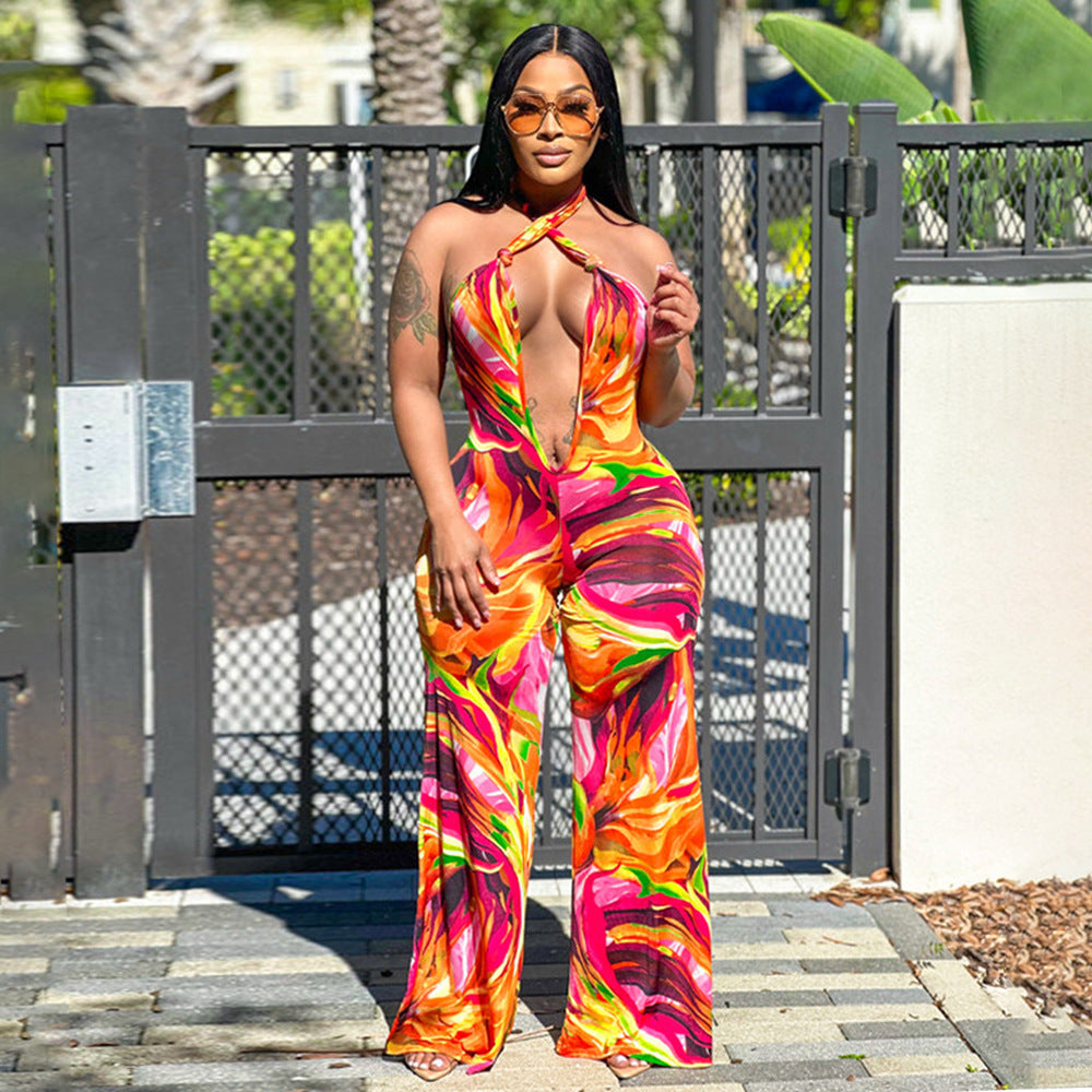 Mono corto con cuello halter, espalda descubierta y estampado para mujer