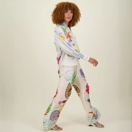 Camisa informal de satén con estampado de grafiti personalizado, pantalones, traje de dos piezas, artesanía amplificada