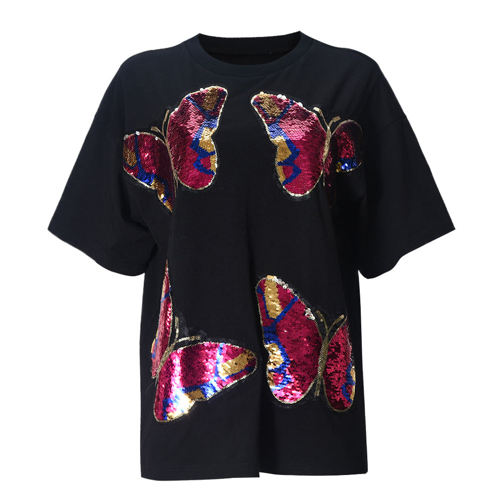 Camiseta de manga corta con cuello redondo y bordado de lentejuelas para mujer