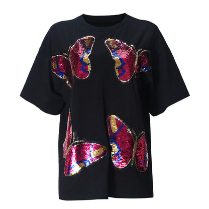 Camiseta de manga corta con cuello redondo y bordado de lentejuelas para mujer