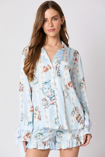 Tea Party Print Bow Tie Pajama Set