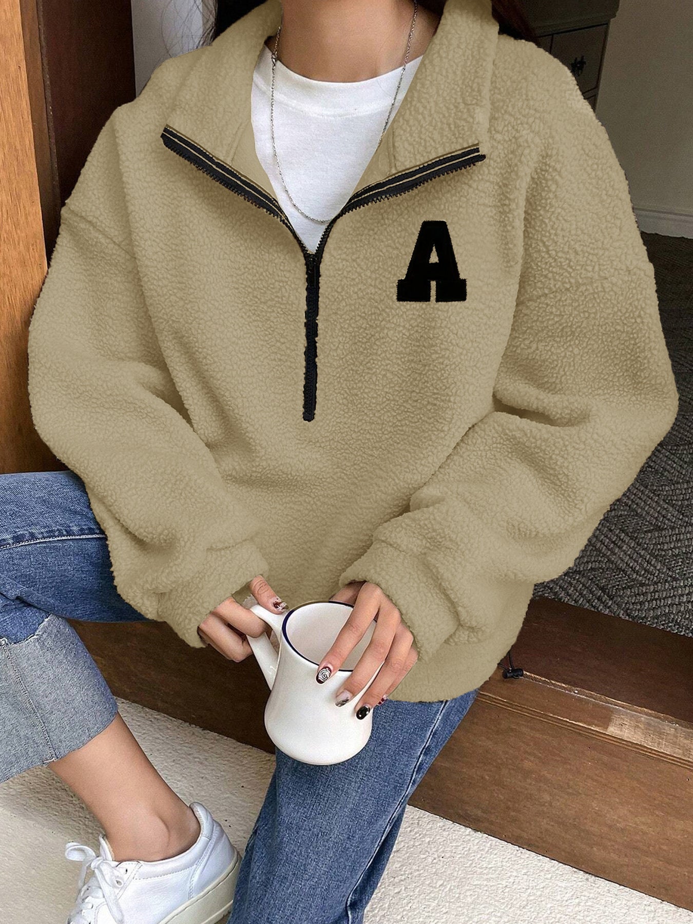 Sudadera Polar Fleece Otoño Invierno Suelta Manga Larga Suéter con Media Cremallera