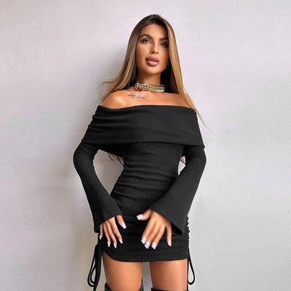 Vestido elegante de otoño para mujer, estilo socialité, sexy, ajustado, con hombros descubiertos y cordón ajustable.