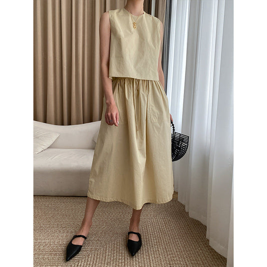 Traje de dos piezas con falda tipo paraguas, cuello redondo, fino y lavado, de algodón puro, elegante y sencillo, de estilo francés.