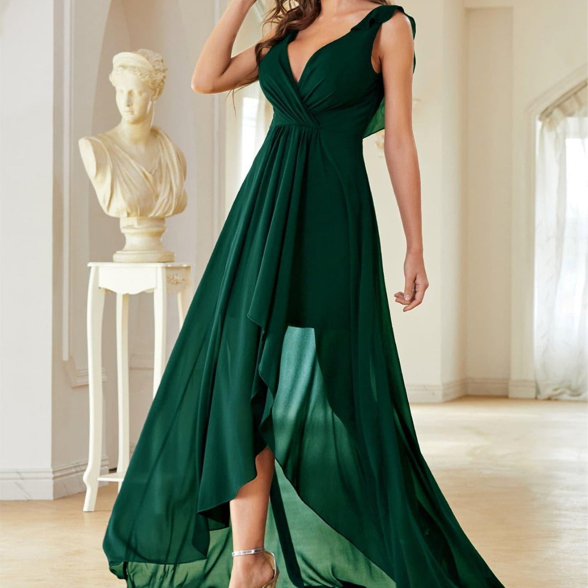 Vestido de noche de gasa con escote en V, plisado en el pecho, sin espalda, corto, largo, para baile, fiesta, dama de honor