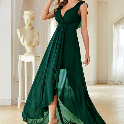 Vestido de noche de gasa con escote en V, plisado en el pecho, sin espalda, corto, largo, para baile, fiesta, dama de honor