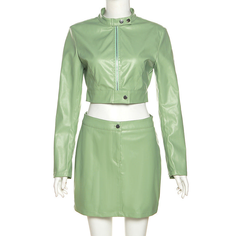 Ropa de mujer Otoño Invierno Manga Larga Corto Cremallera Abrigo Tubo Piel Sintética Traje Mujer