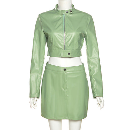 Ropa de mujer Otoño Invierno Manga Larga Corto Cremallera Abrigo Tubo Piel Sintética Traje Mujer