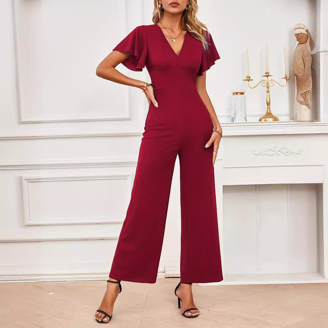 Mono de pierna ancha de punto elástico sin mangas con volantes y pantalones rectos para mujer, ropa de alta calidad para mujer