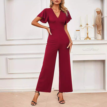 Mono de pierna ancha de punto elástico sin mangas con volantes y pantalones rectos para mujer, ropa de alta calidad para mujer