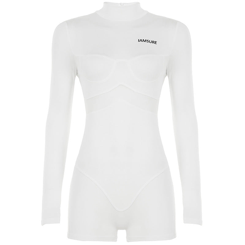 Mono de una pieza ajustado de manga larga con cuello alto y costuras de malla informal y sexy para mujer