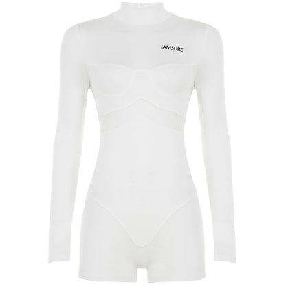 Mono de una pieza ajustado de manga larga con cuello alto y costuras de malla informal y sexy para mujer