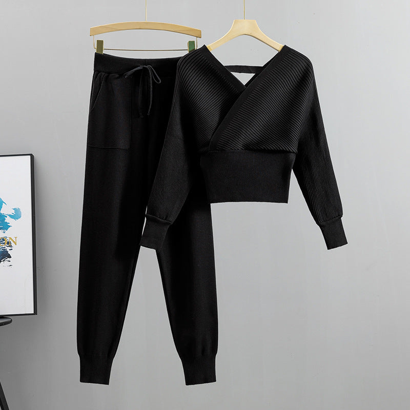 Conjunto elegante de dos piezas para mujer, de estilo socialité, con hombros descubiertos, suéter corto y sexy, pantalones casuales con lazo en el tobillo y pantalones de otoño