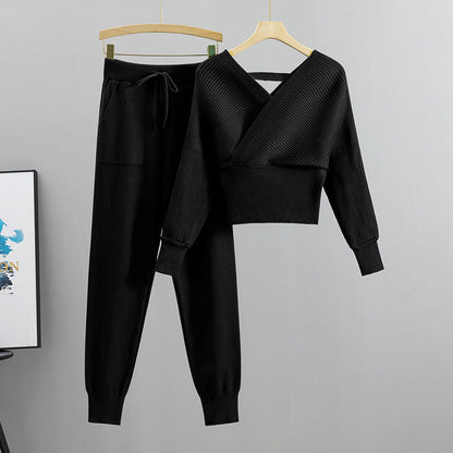 Conjunto elegante de dos piezas para mujer, de estilo socialité, con hombros descubiertos, suéter corto y sexy, pantalones casuales con lazo en el tobillo y pantalones de otoño