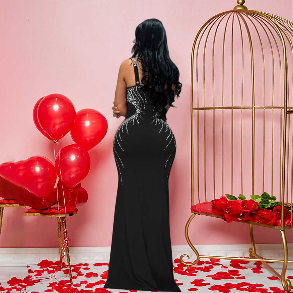 Vestido maxi sexy con escote en V y tirantes, corte entallado y diamantes de imitación