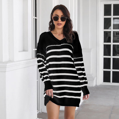 Vestido de punto suelto de lana con cuello en V y hombros caídos de manga larga para mujer, modelo exterior, primavera y otoño