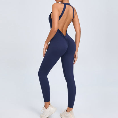 Mono de yoga con hebilla en la espalda para mujer, color melocotón, sin espalda, deportivo, de secado rápido, de una pieza, para fitness