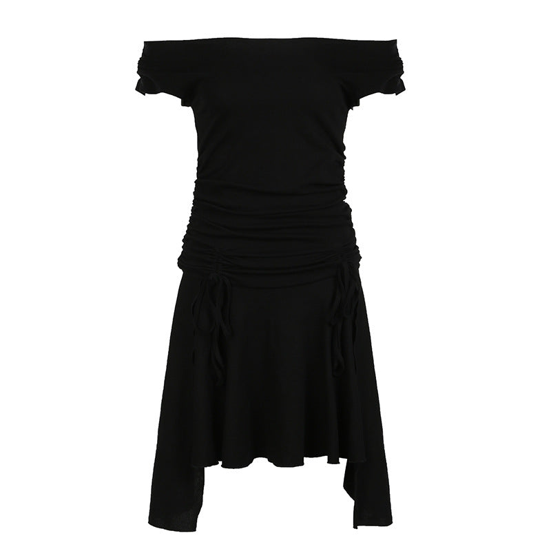 Vestido sexy de encaje con cordón, plisado, ajustado, irregular, asimétrico, para múltiples usos, con hombros descubiertos y corte entallado.