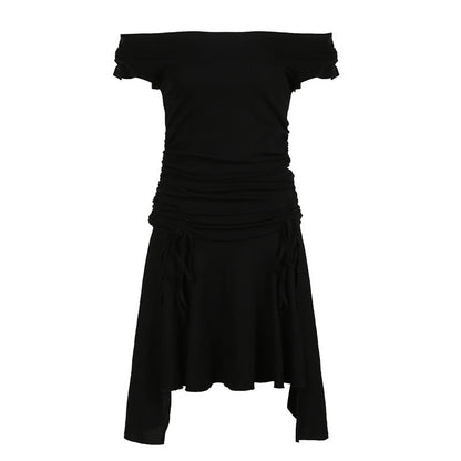 Vestido sexy de encaje con cordón, plisado, ajustado, irregular, asimétrico, para múltiples usos, con hombros descubiertos y corte entallado.