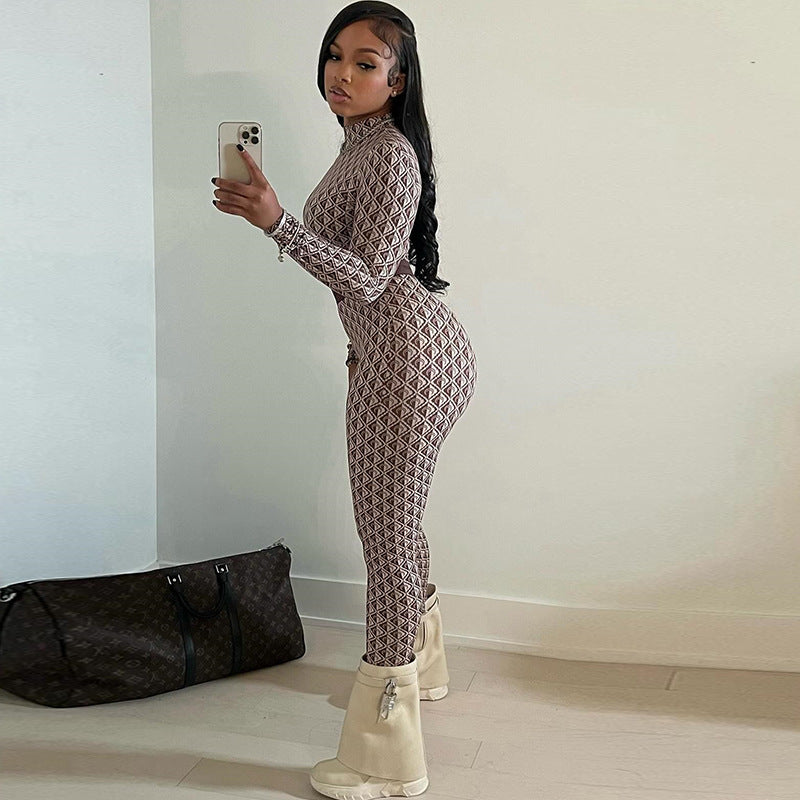Ropa de mujer, pantalones estampados de calle, cuello redondo, manga larga, pantalones de cuerpo entero, mono deportivo para mujer