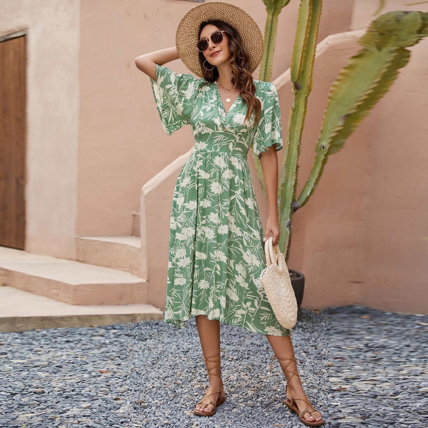 Vestido bohemio para mujer, estampado, cuello en V, manga corta, cintura ajustada, para fiesta de playa